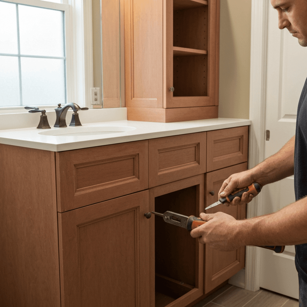 Professional bathroom cabinet & vanity installation project by RenoHouse in Aurora — bathroom renovations near me
