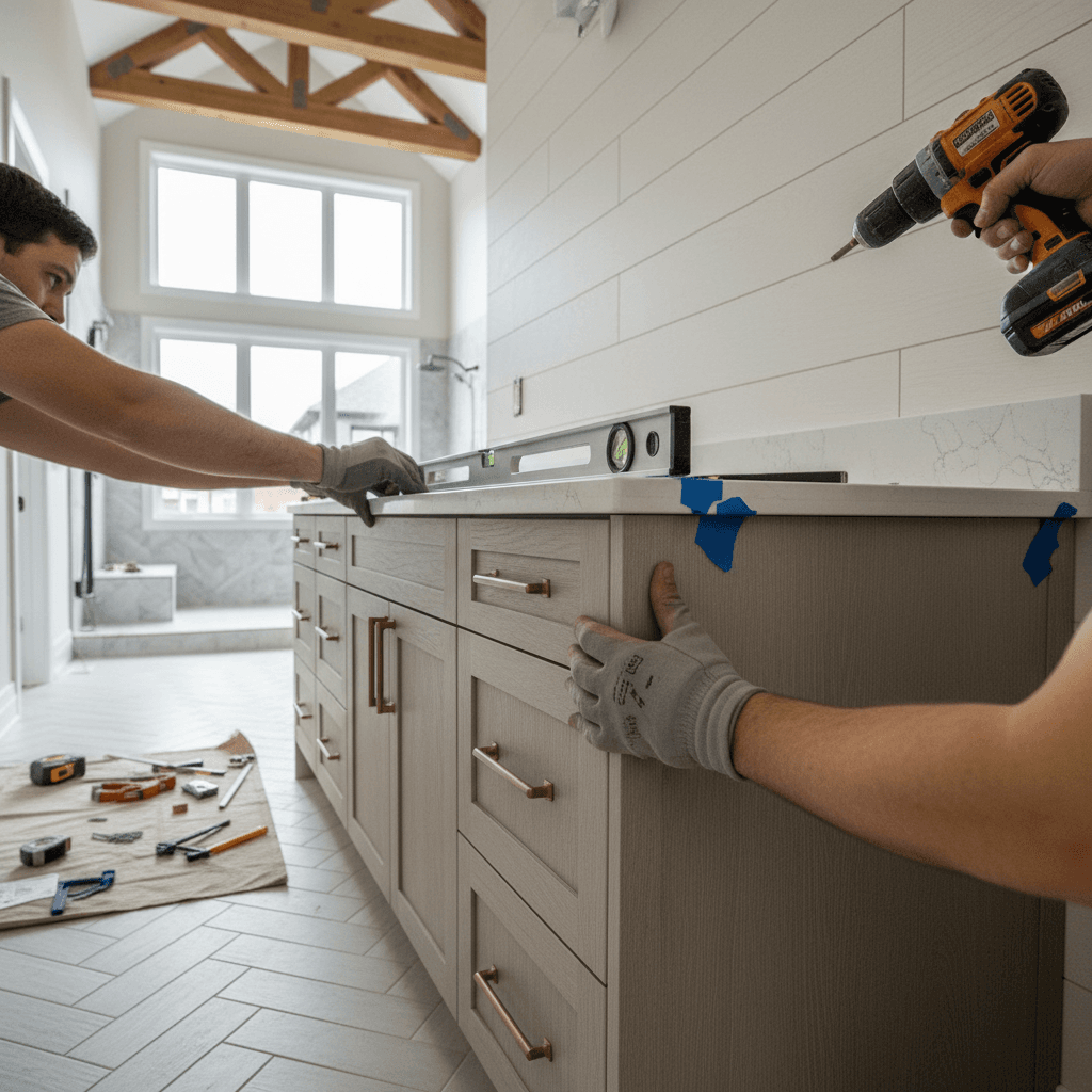 Professional bathroom cabinet & vanity installation project by RenoHouse in Brampton — bathroom renovations near me