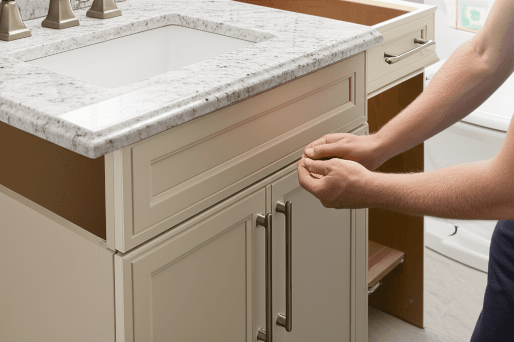 Professional bathroom cabinet & vanity installation project by RenoHouse in King City — bathroom renovations near me