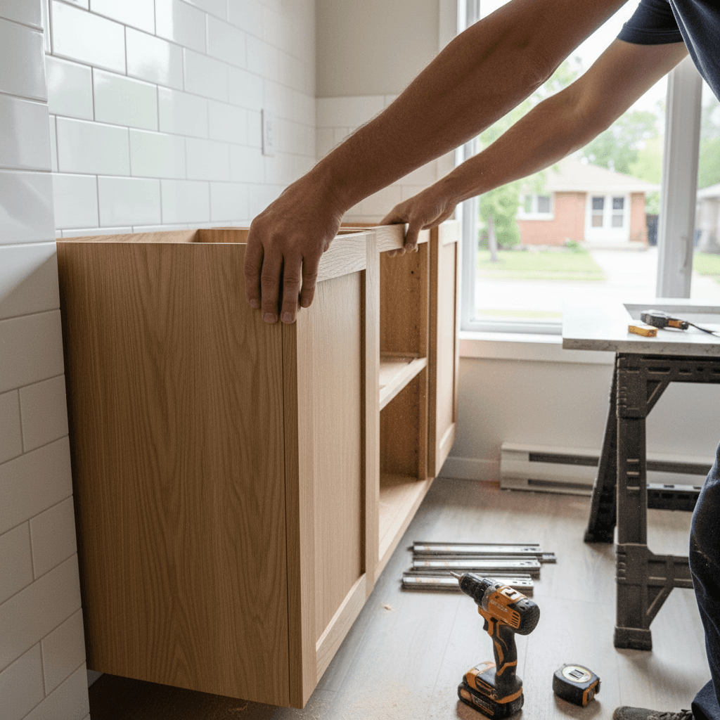 Professional bathroom cabinet & vanity installation project by RenoHouse in Mississauga — bathroom renovations near me