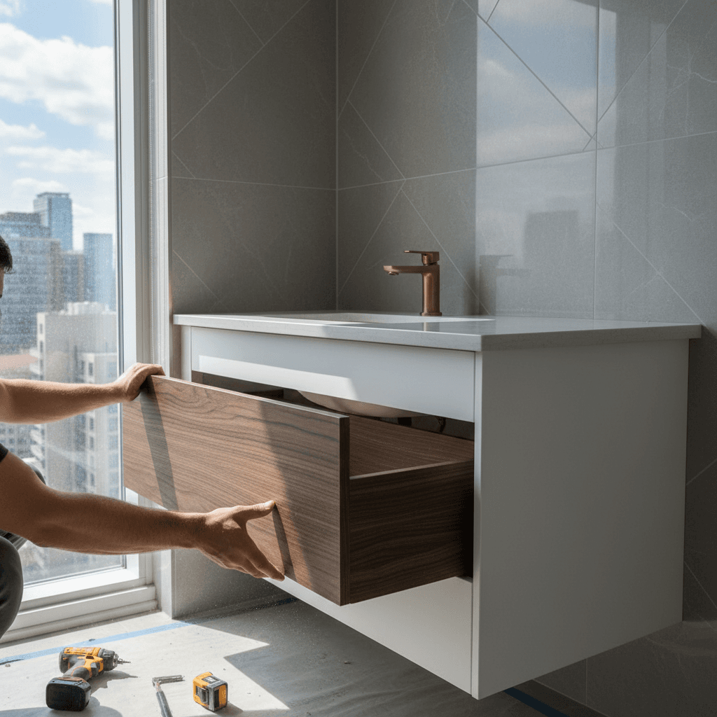 Professional bathroom cabinet & vanity installation project by RenoHouse in North York — bathroom renovations near me