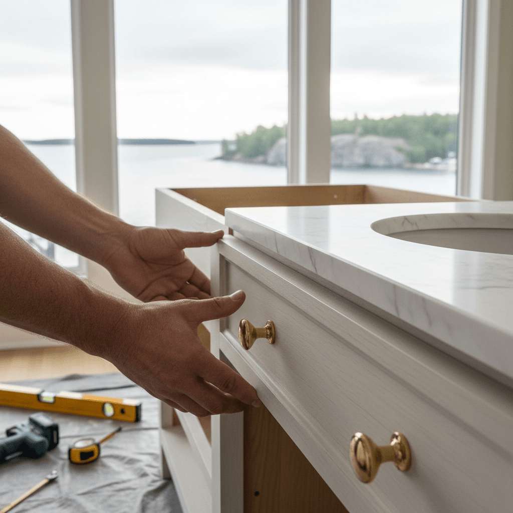 Professional bathroom cabinet & vanity installation project by RenoHouse in Oakville — bathroom renovations near me