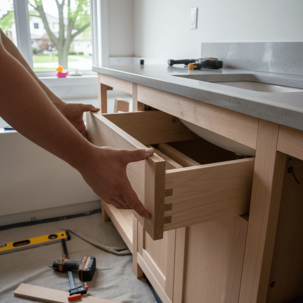 Professional bathroom cabinet & vanity installation project by RenoHouse in Whitby — bathroom renovations near me