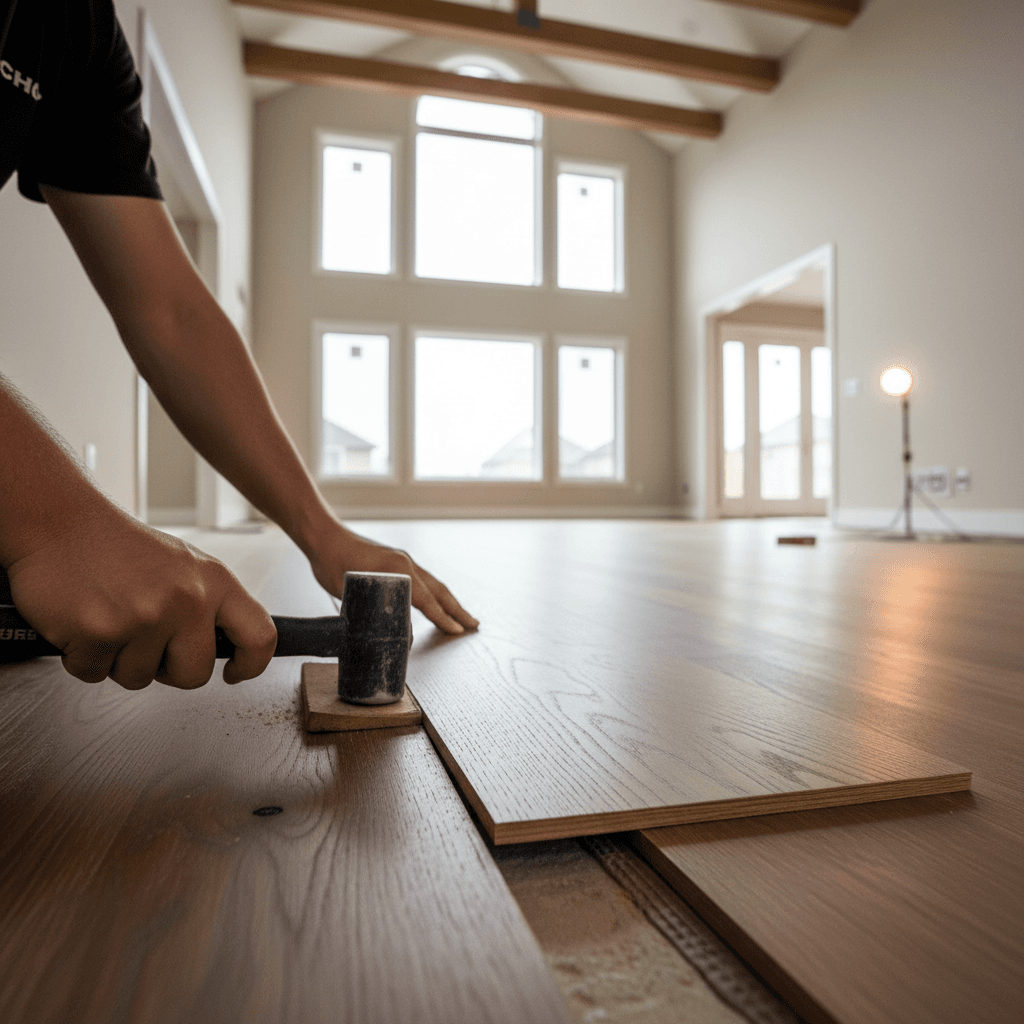 Professional engineered hardwood installation project by RenoHouse in Brampton — quality workmanship