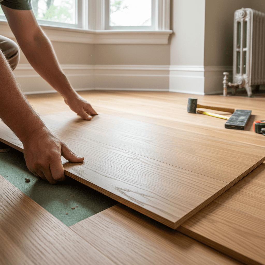 Professional engineered hardwood installation project by RenoHouse in Oshawa — quality workmanship