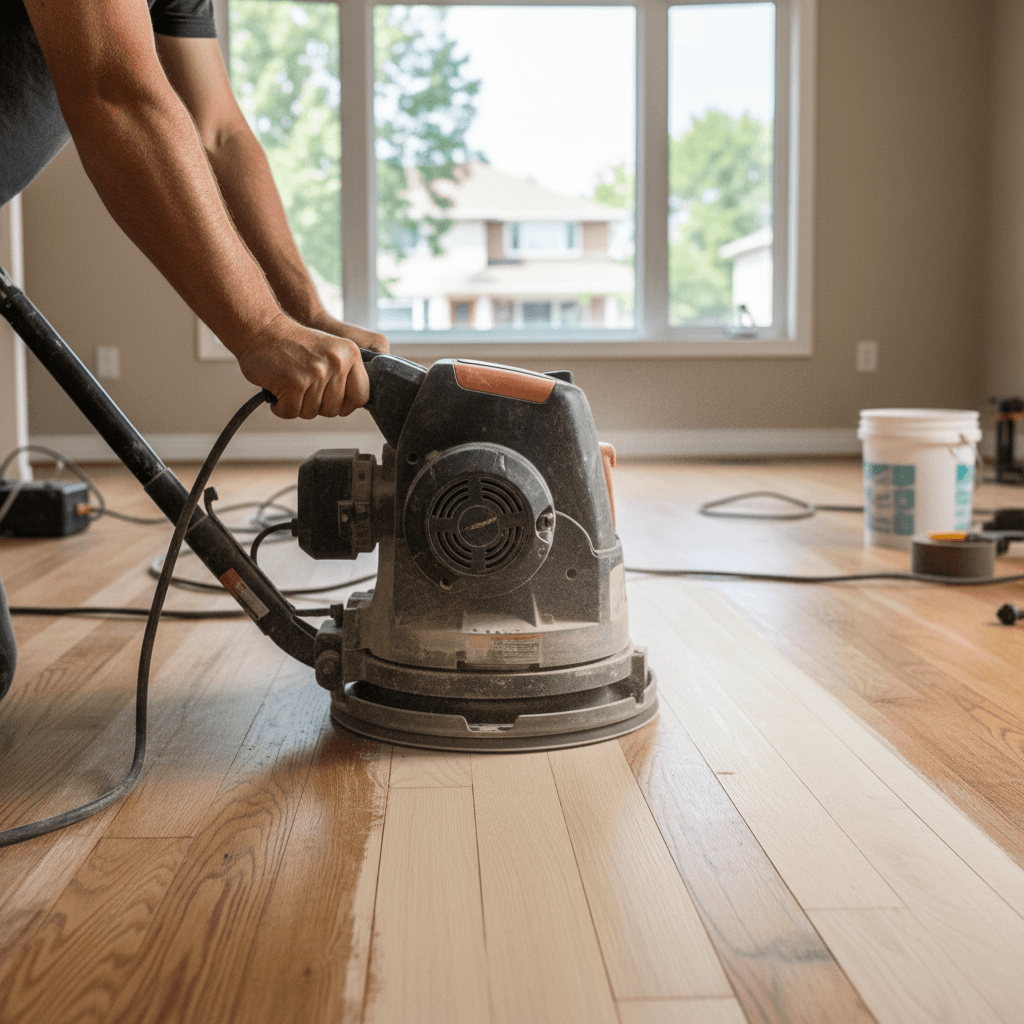 Professional hardwood floor refinishing project by RenoHouse in Mississauga — hardwood floor refinishing toronto