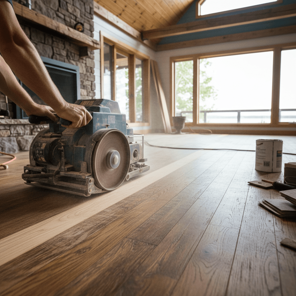 Professional hardwood floor refinishing project by RenoHouse in Scugog — hardwood floor refinishing toronto