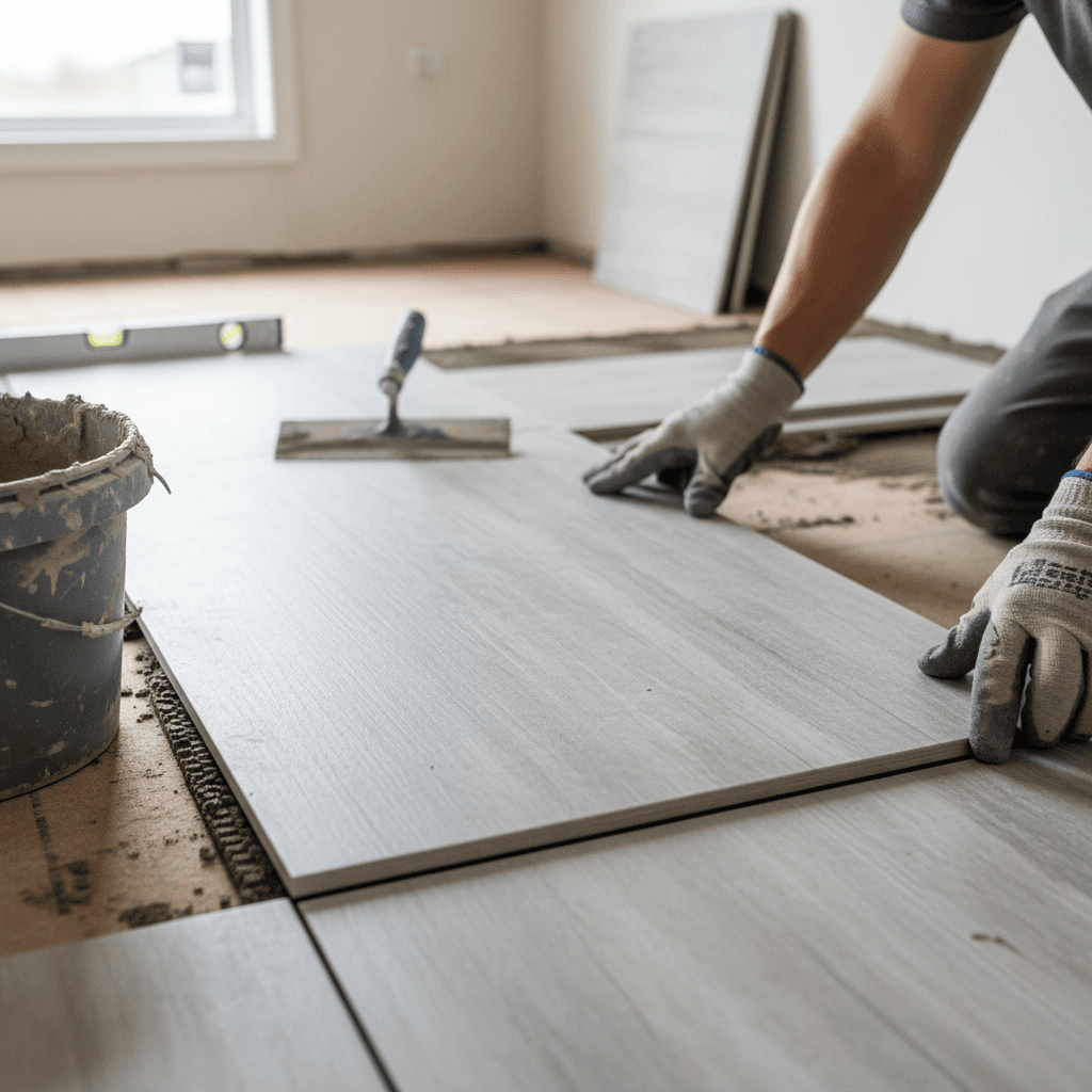 Professional tile flooring installation project by RenoHouse in Ajax — drain tile installation