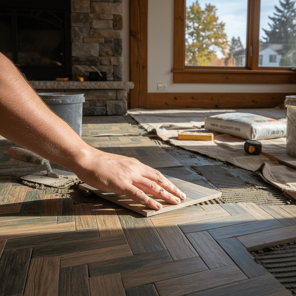 Professional tile flooring installation project by RenoHouse in Aurora — drain tile installation