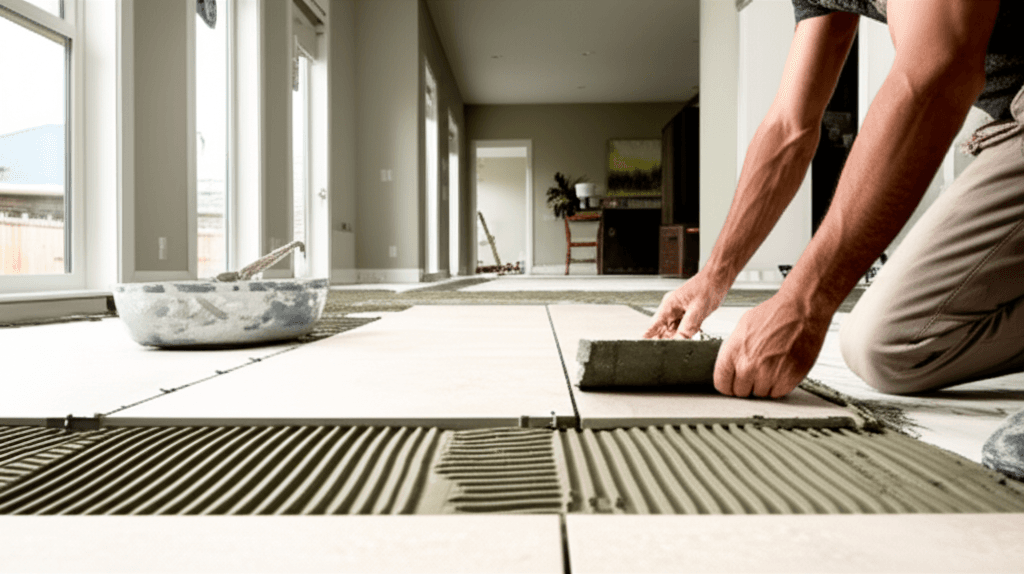 Professional tile flooring installation project by RenoHouse in Brampton — drain tile installation