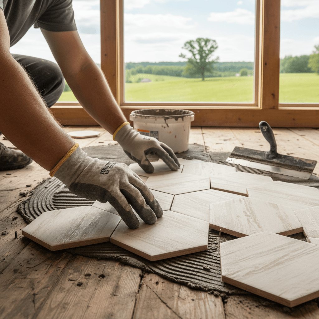 Professional tile flooring installation project by RenoHouse in Brock — drain tile installation