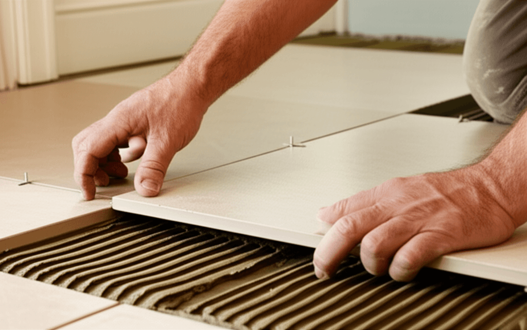 Professional tile flooring installation project by RenoHouse in Burlington — drain tile installation