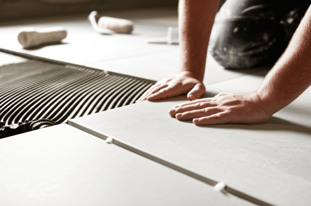 Professional tile flooring installation project by RenoHouse in Caledon — drain tile installation