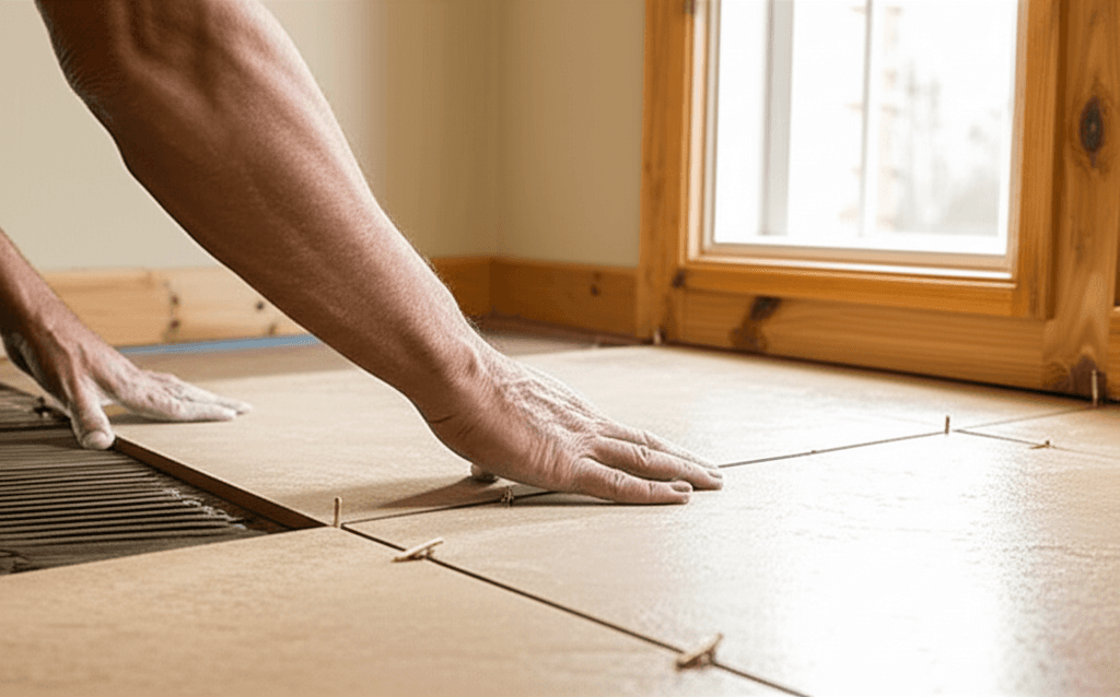 Professional tile flooring installation project by RenoHouse in Georgetown — drain tile installation