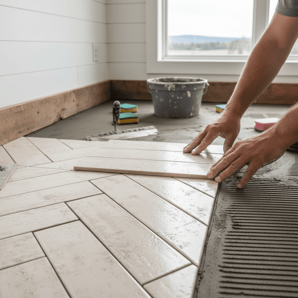 Professional tile flooring installation project by RenoHouse in Milton — drain tile installation