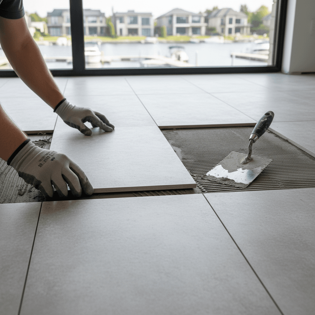 Professional tile flooring installation project by RenoHouse in Oakville — drain tile installation