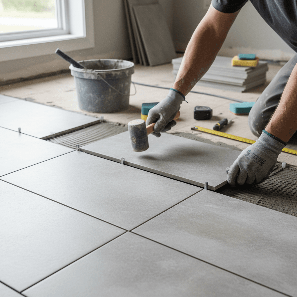 Professional tile flooring installation project by RenoHouse in Scarborough — drain tile installation