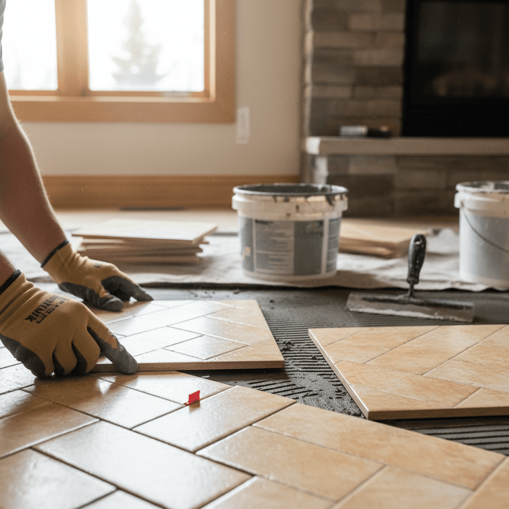 Professional tile flooring installation project by RenoHouse in Stouffville — drain tile installation
