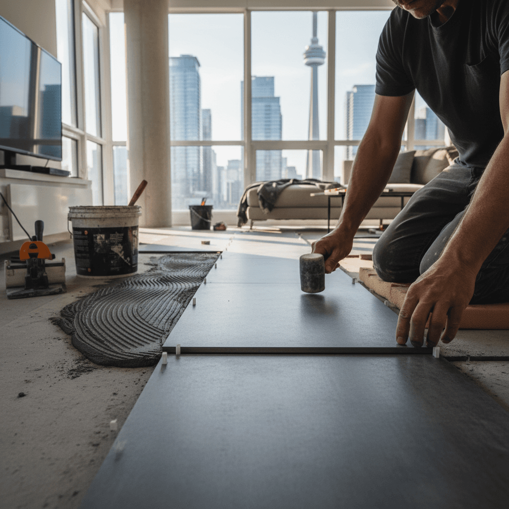 Professional tile flooring installation project by RenoHouse in Toronto — drain tile installation