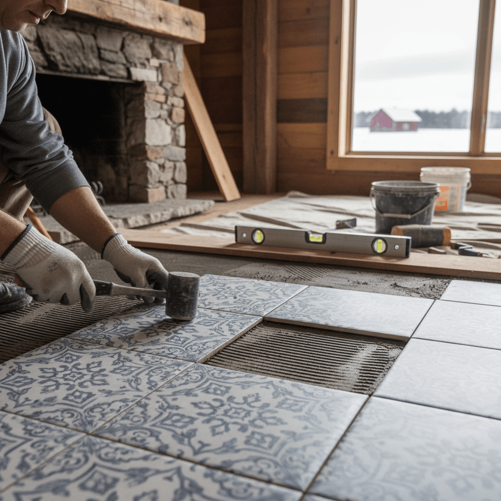Professional tile flooring installation project by RenoHouse in Uxbridge — drain tile installation