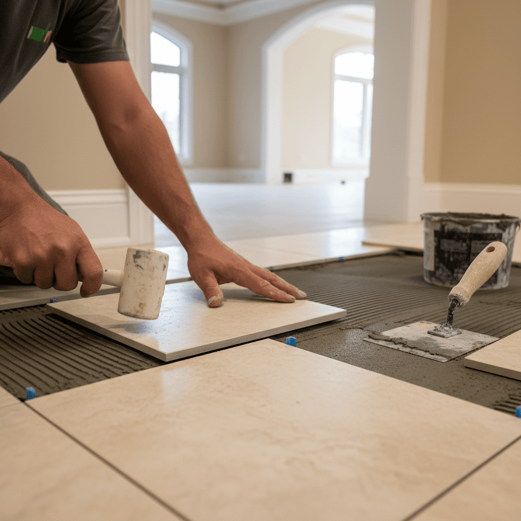 Professional tile flooring installation project by RenoHouse in Vaughan — drain tile installation