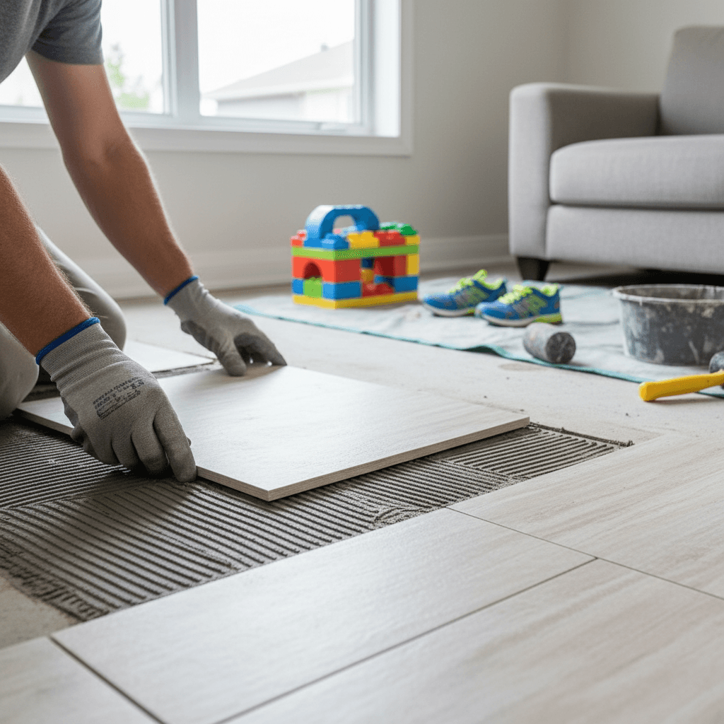 Professional tile flooring installation project by RenoHouse in Whitby — drain tile installation
