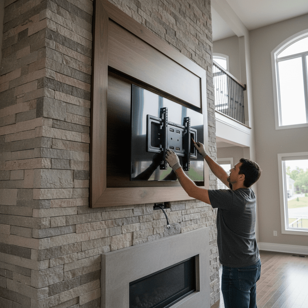 Professional tv mounting & shelf installation project by RenoHouse in Brampton — quality workmanship