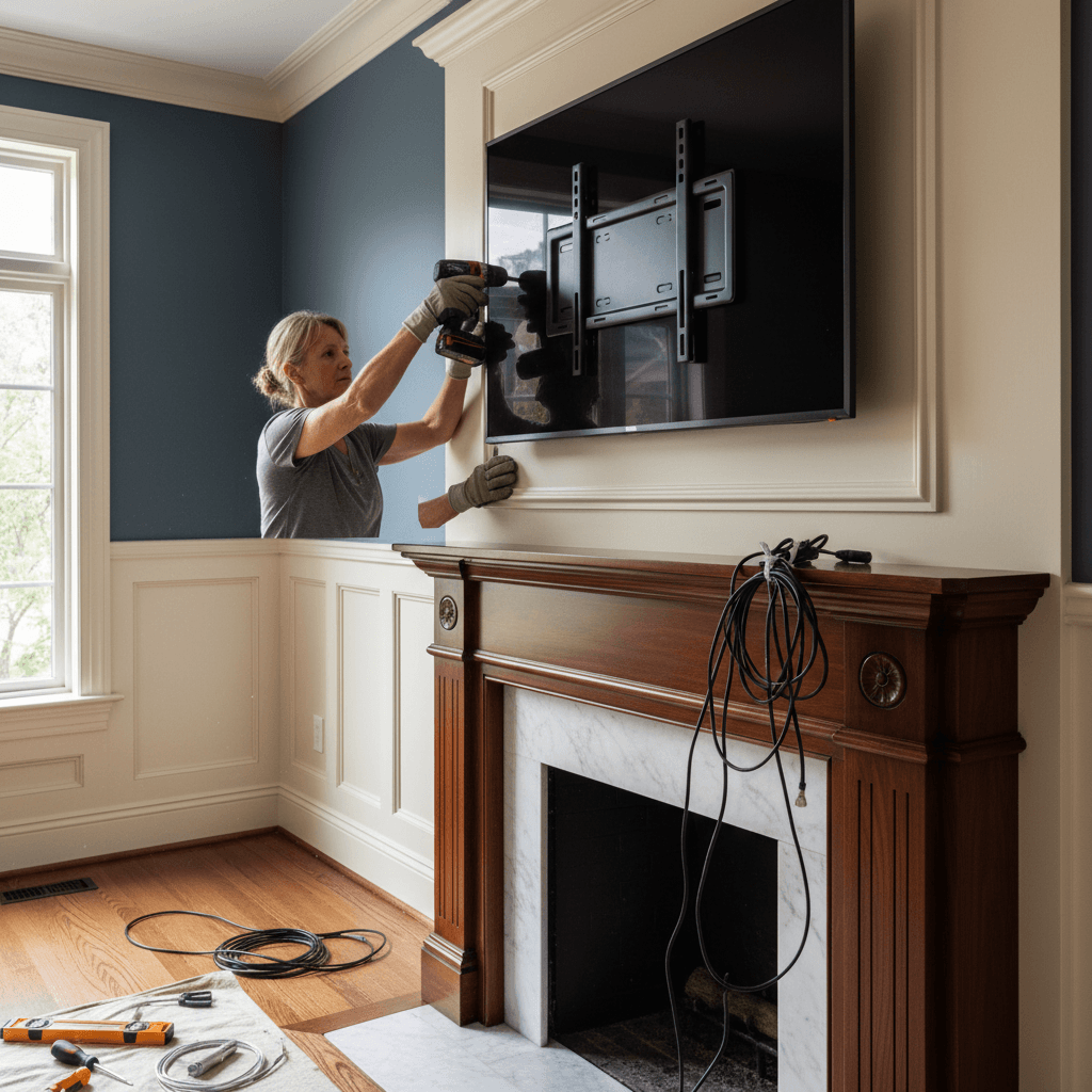 Professional tv mounting & shelf installation project by RenoHouse in Newmarket — quality workmanship