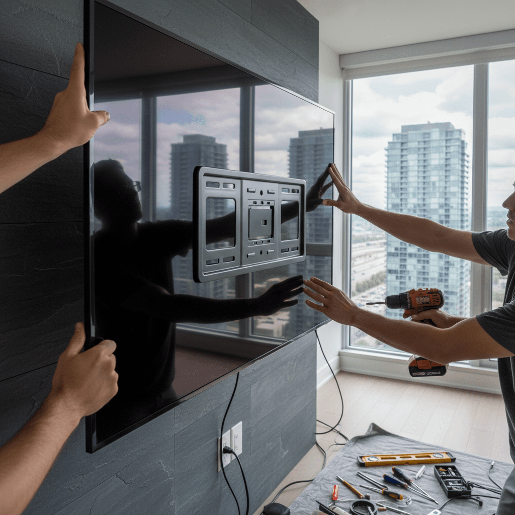 Professional tv mounting & shelf installation project by RenoHouse in North York — quality workmanship