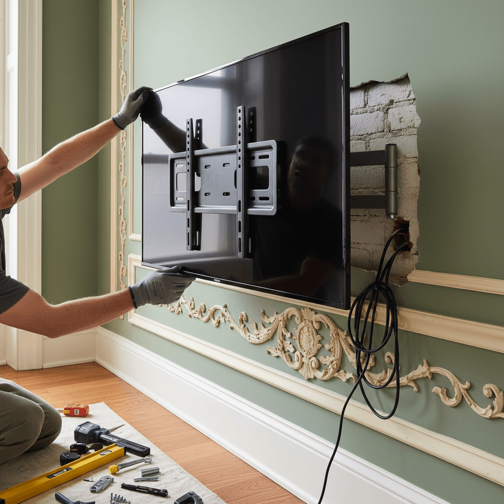 Professional tv mounting & shelf installation project by RenoHouse in Oshawa ā quality workmanship