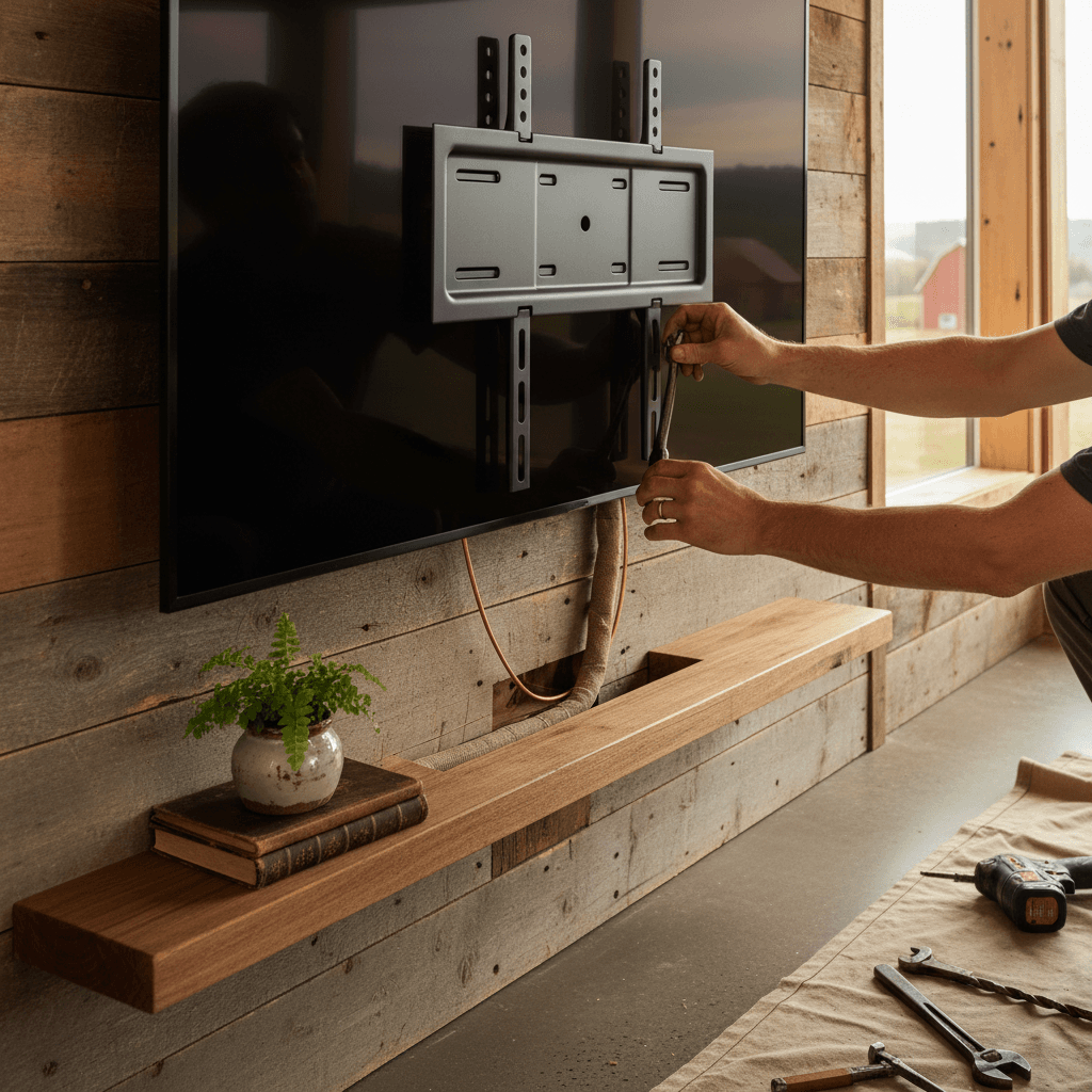 Professional tv mounting & shelf installation project by RenoHouse in Uxbridge — quality workmanship