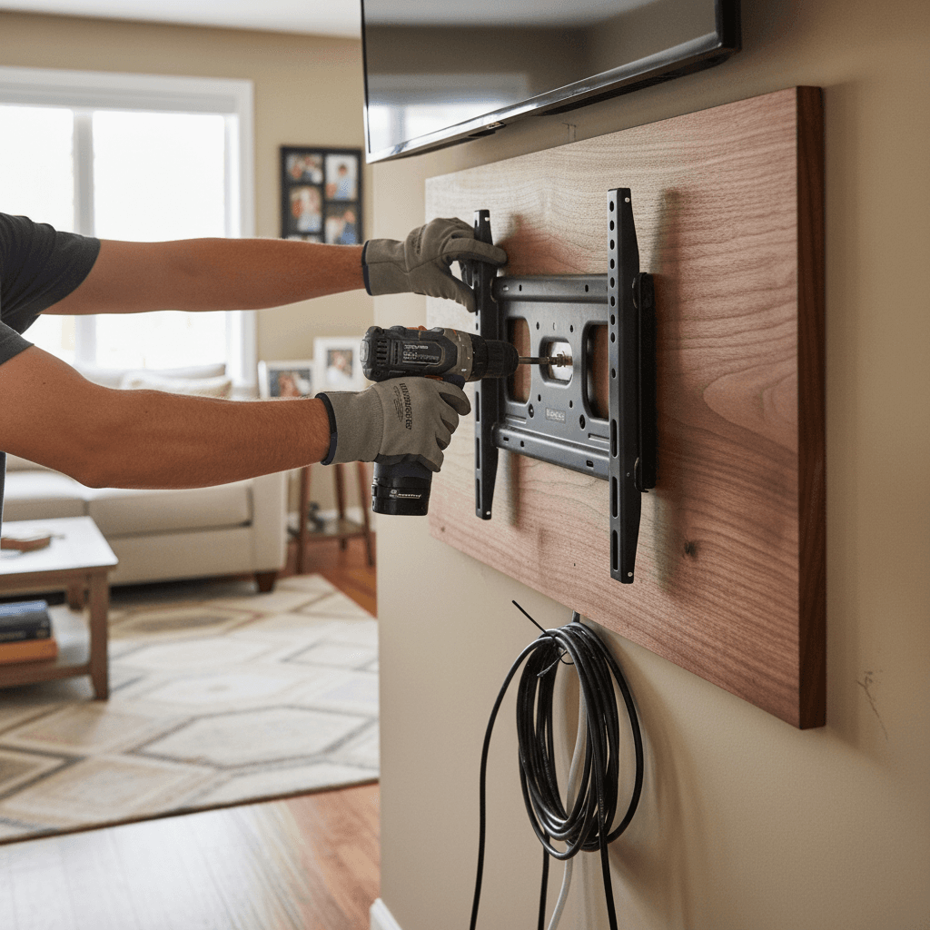 Professional tv mounting & shelf installation project by RenoHouse in Whitby — quality workmanship