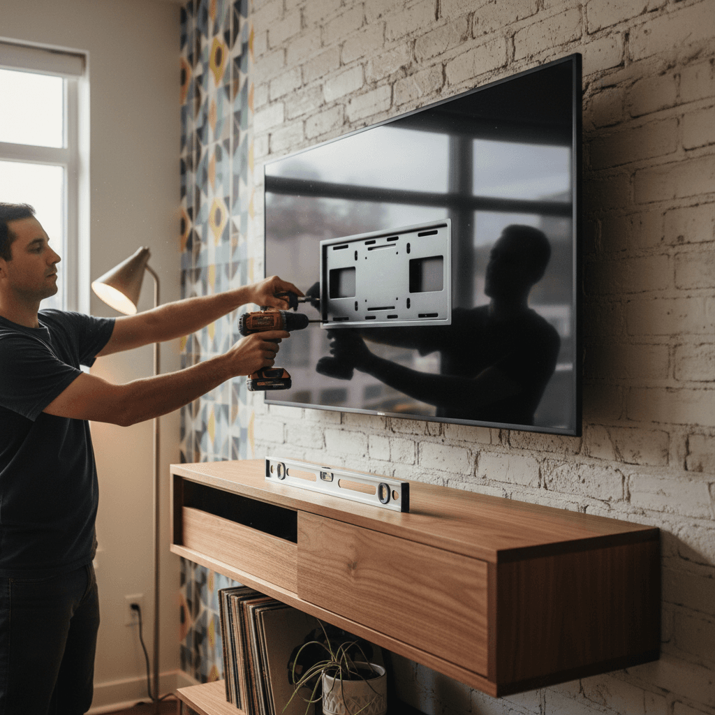 Professional tv mounting & shelf installation project by RenoHouse in Etobicoke — quality workmanship
