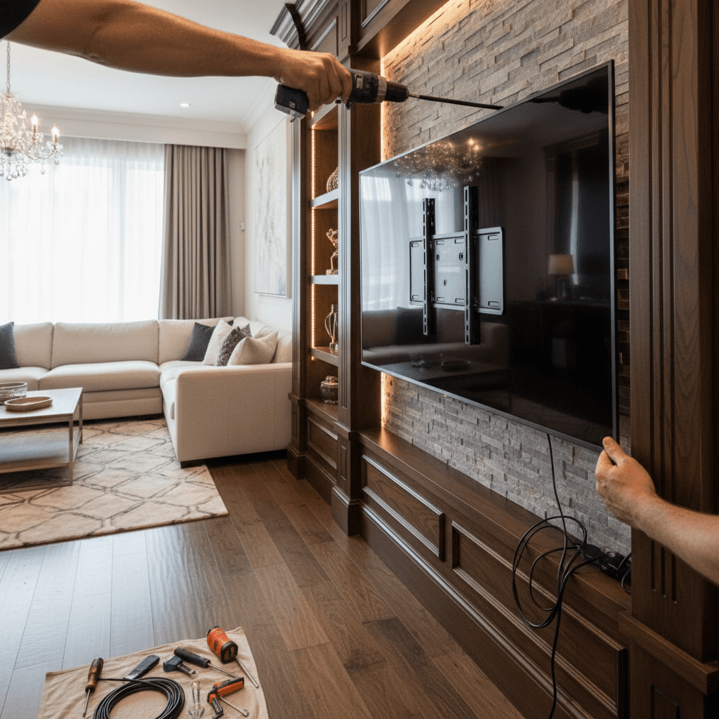 Professional tv mounting & shelf installation project by RenoHouse in Vaughan — quality workmanship