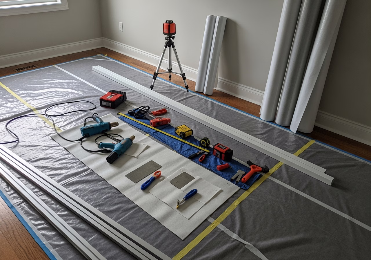3D Shaped Stretch Ceilings — tools and materials staged in a Greater Toronto Area home