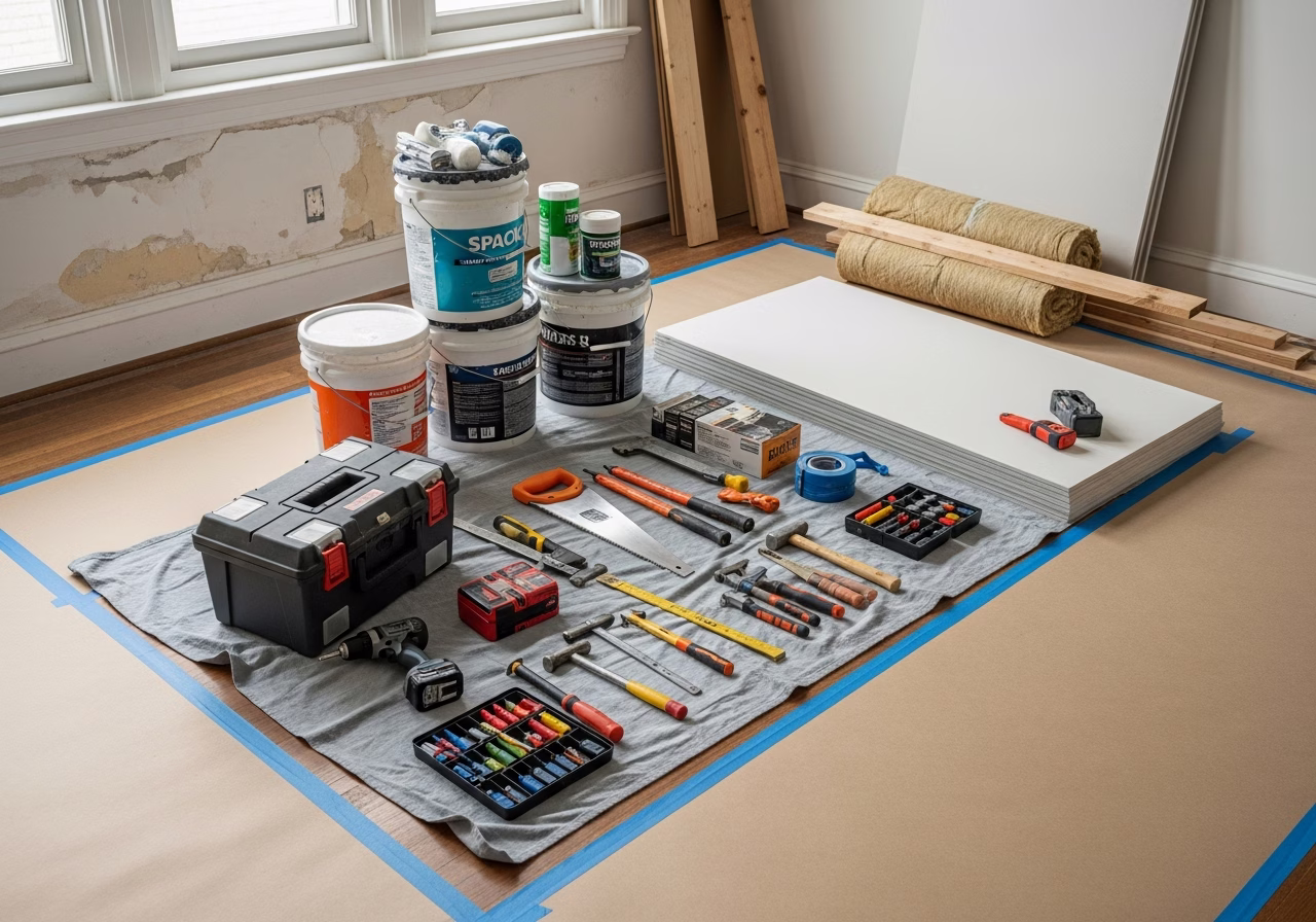 Asbestos Abatement — tools and materials staged in a Greater Toronto Area home