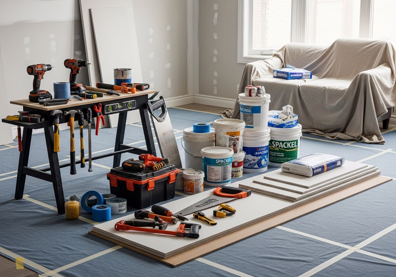 Asbestos Floor Tile Removal 9x9 — tools and materials staged in a Greater Toronto Area home