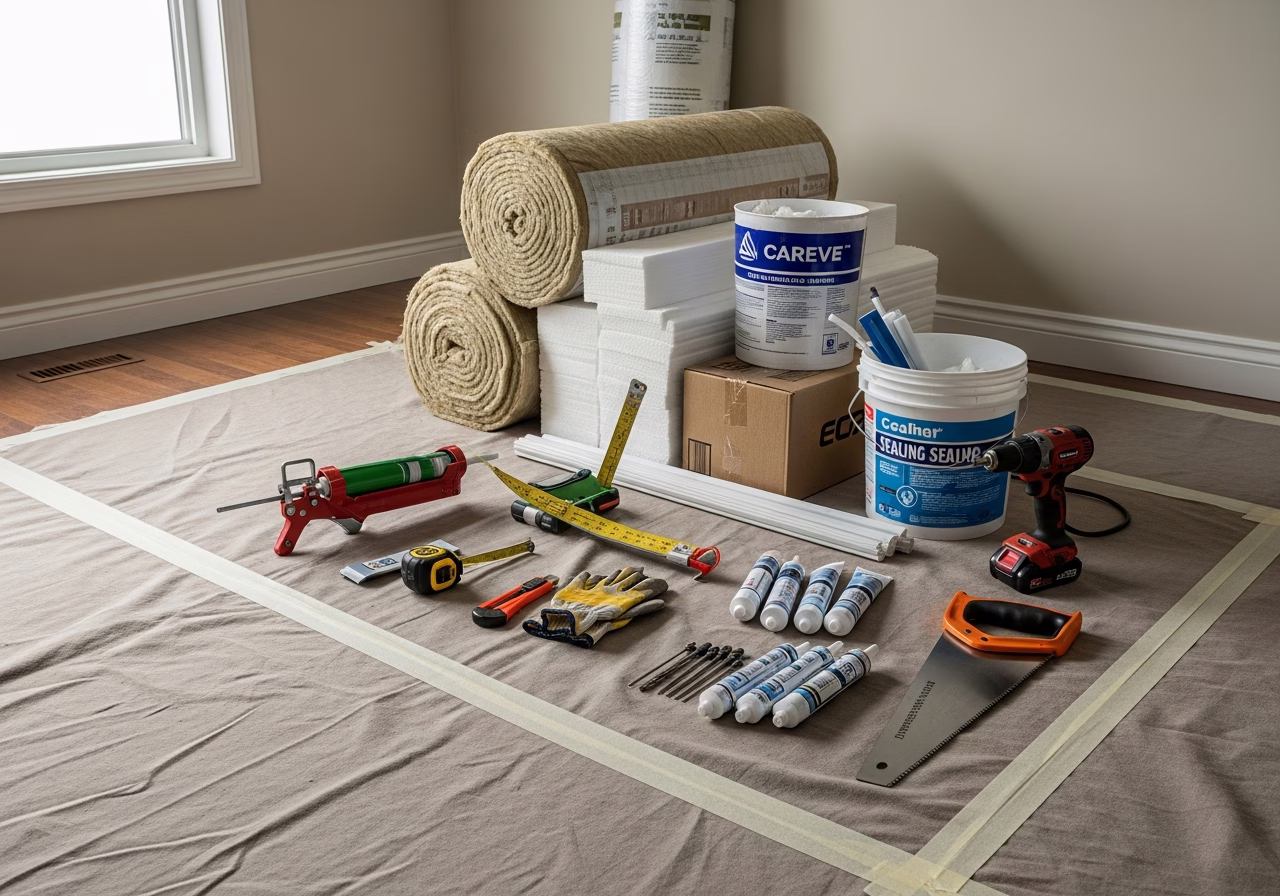 Attic Air Sealing Before Insulation โ tools and materials staged in a Greater Toronto Area home
