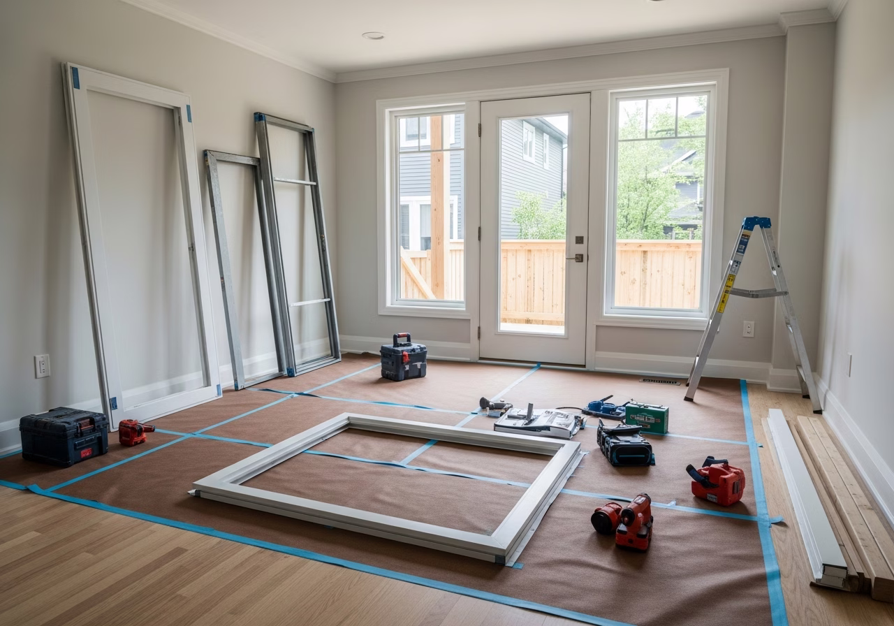 Barn Door Installation — tools and materials staged in a Greater Toronto Area home