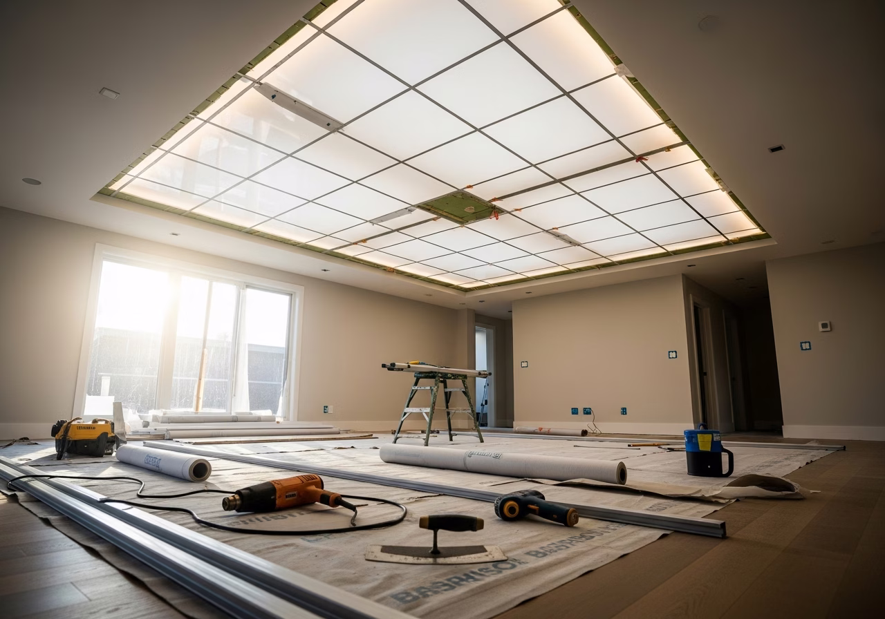Barrisol Lumière Translucent Stretch Ceiling — tools and materials staged in a Greater Toronto Area home