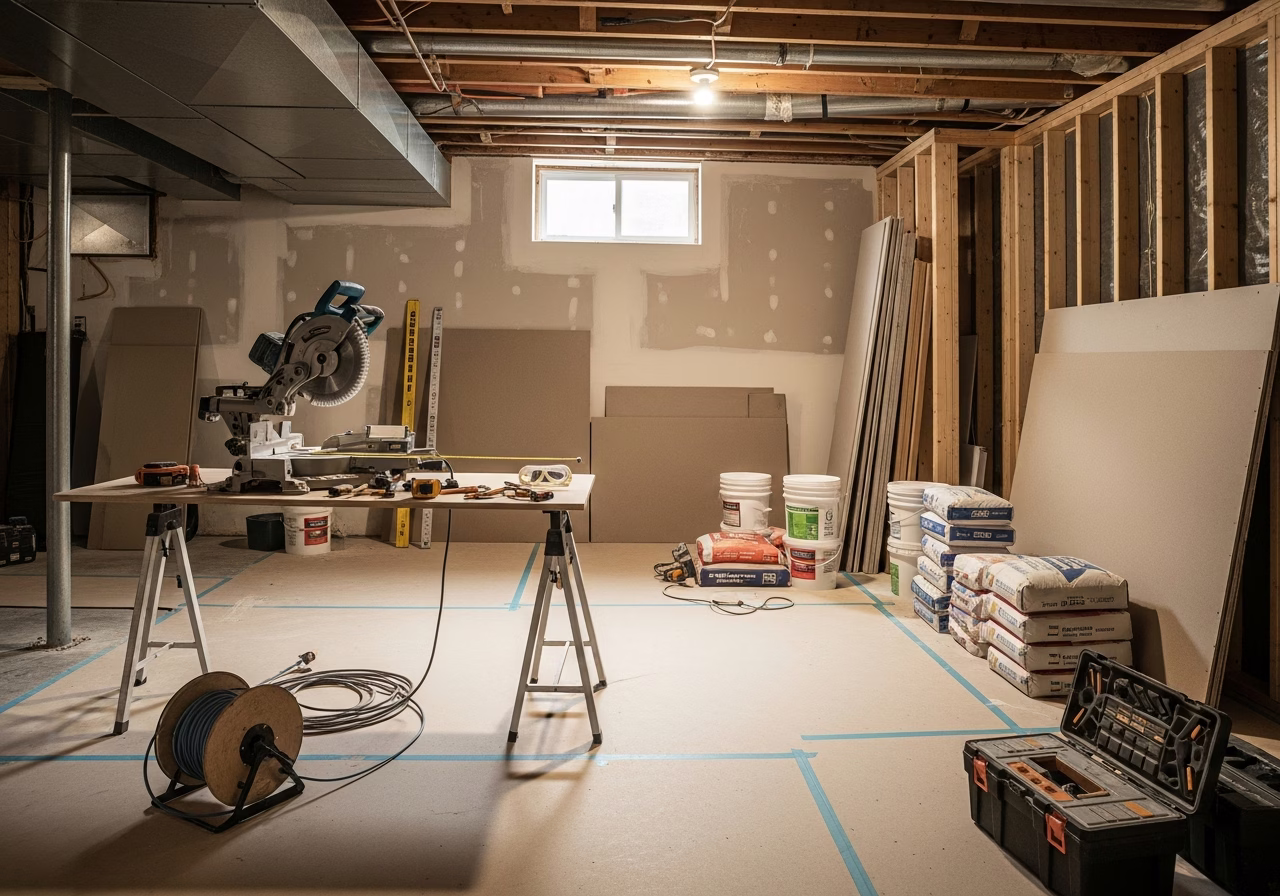 Cost to Make Basement Legal — tools and materials staged in a Greater Toronto Area home