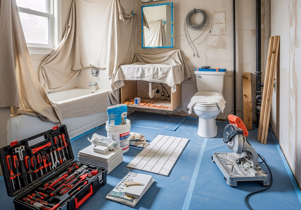 Basement Bathroom Addition โ tools and materials staged in a Greater Toronto Area home