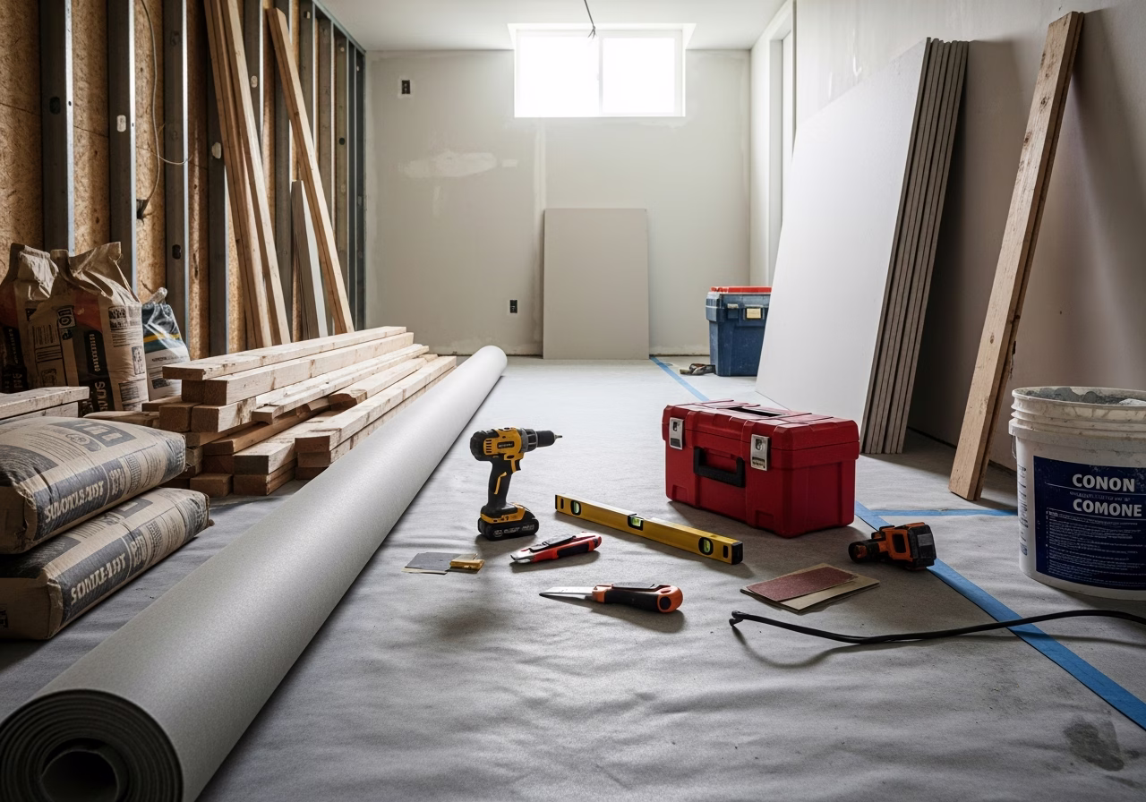 Basement Ceiling Options — tools and materials staged in a Greater Toronto Area home