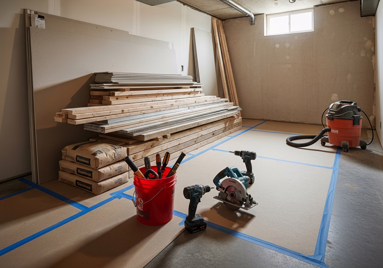 Best Basement Flooring Options — tools and materials staged in a Greater Toronto Area home