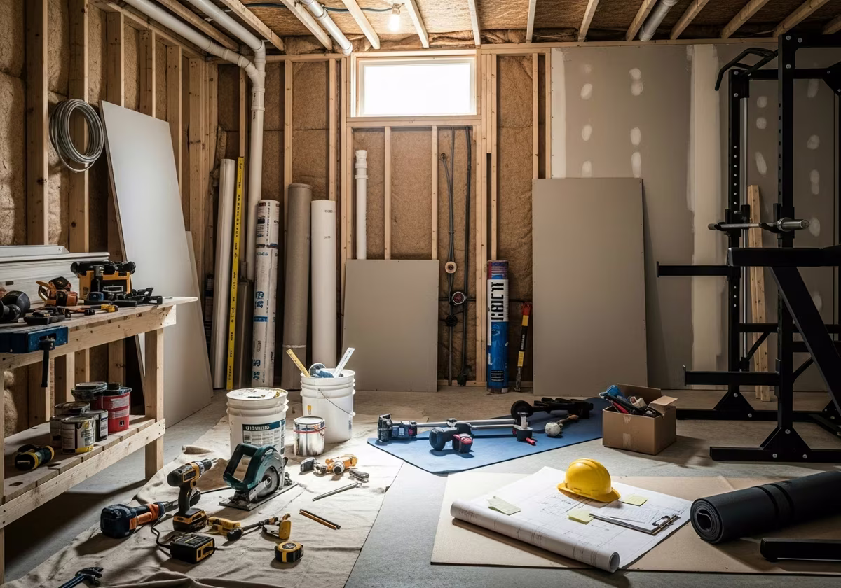 Basement Home Gym — tools and materials staged in a Greater Toronto Area home
