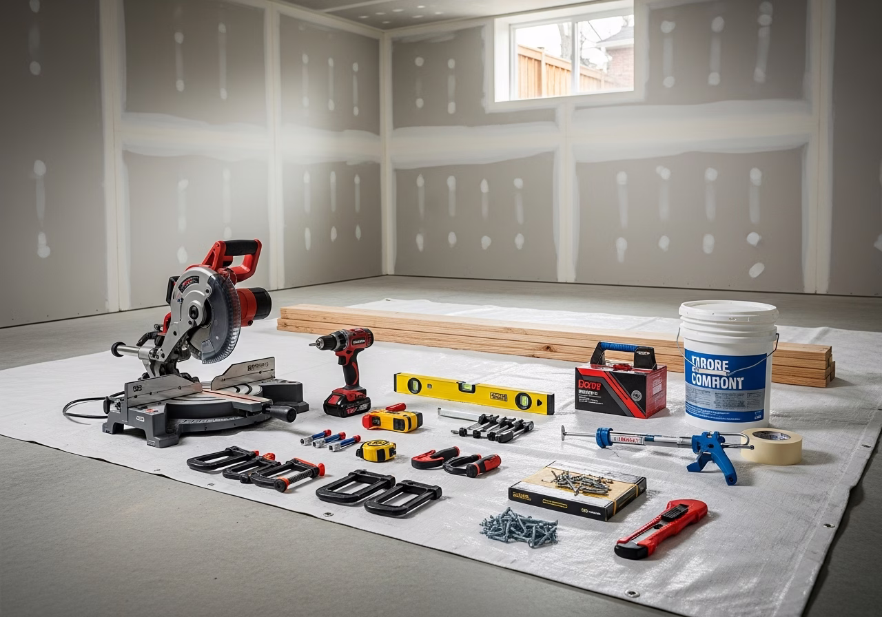 Basement Renovation — tools and materials staged in a Greater Toronto Area home
