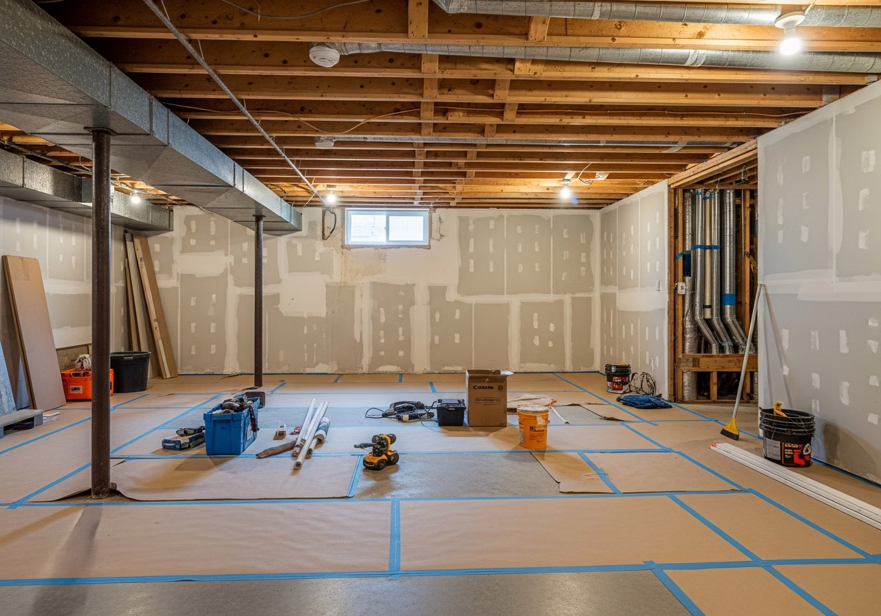 Basement Renovation — tools and materials staged in a Greater Toronto Area home