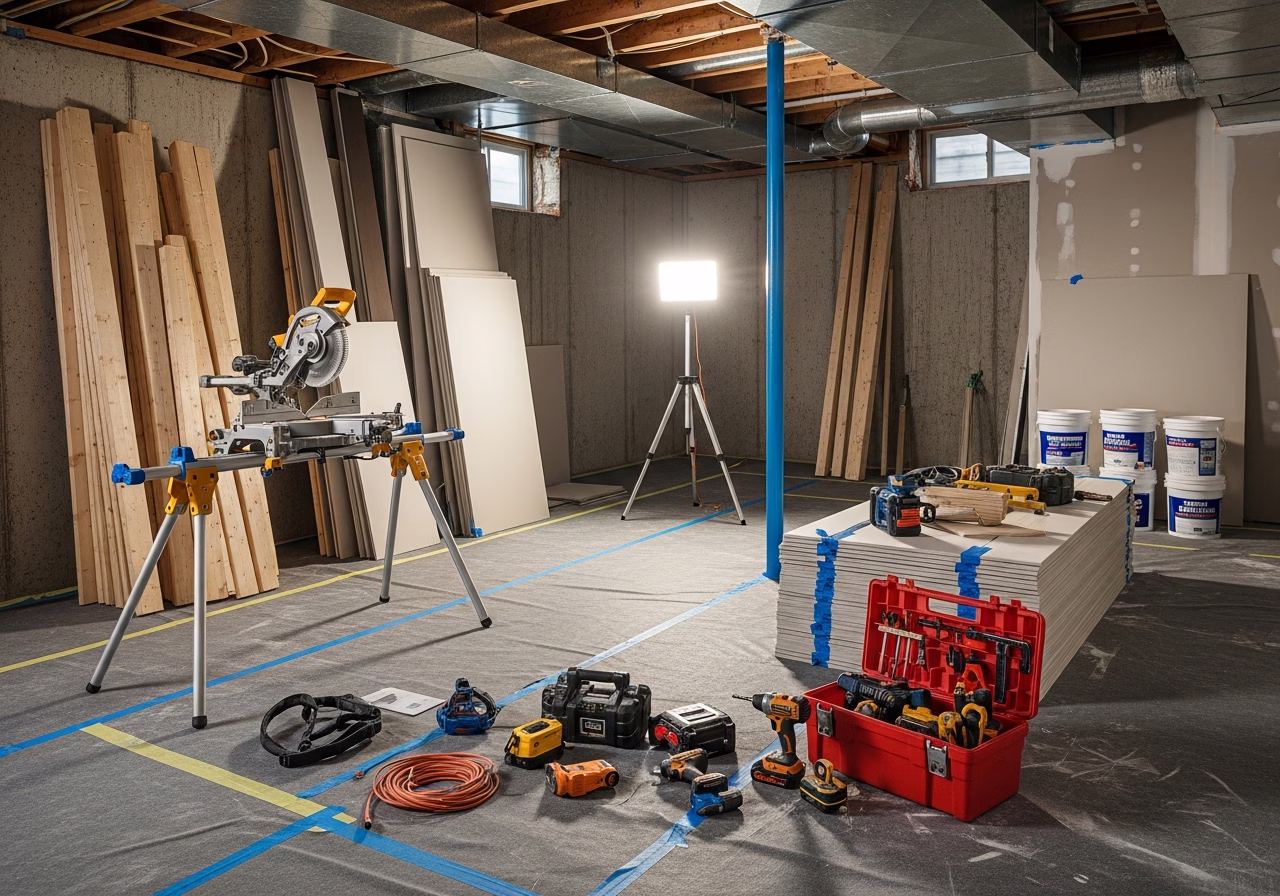 Basement Renovation King City — tools and materials staged in a Greater Toronto Area home