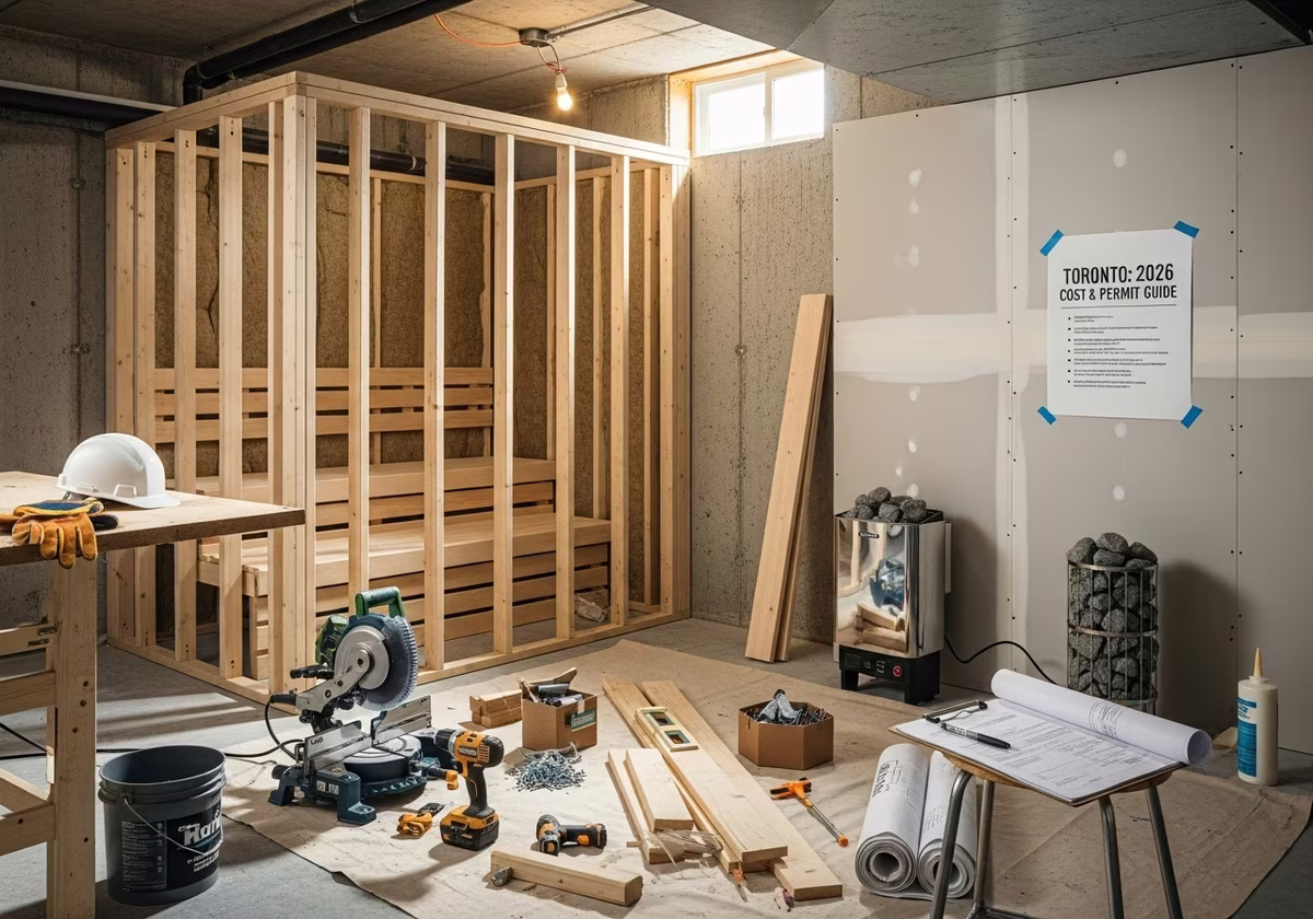 Basement Sauna Installation — tools and materials staged in a Greater Toronto Area home