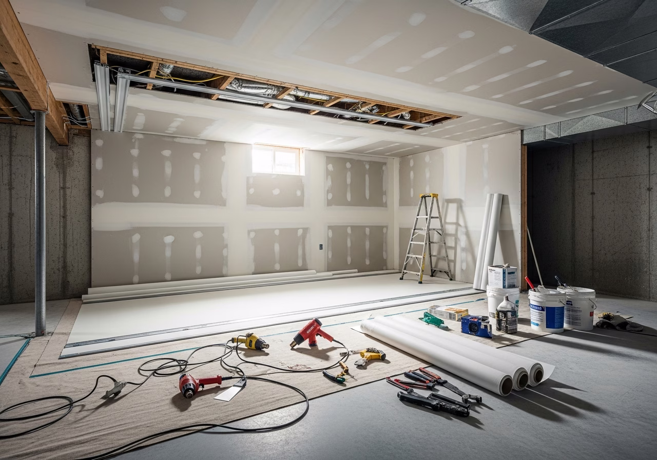 Basement Stretch Ceiling — tools and materials staged in a Greater Toronto Area home